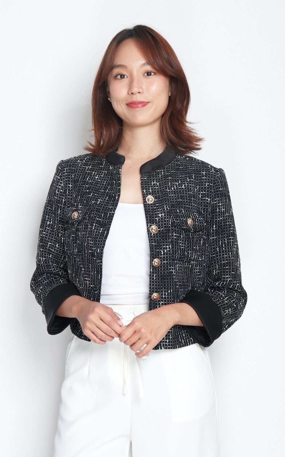 Mandarin Collar Tweed Jacket in Black